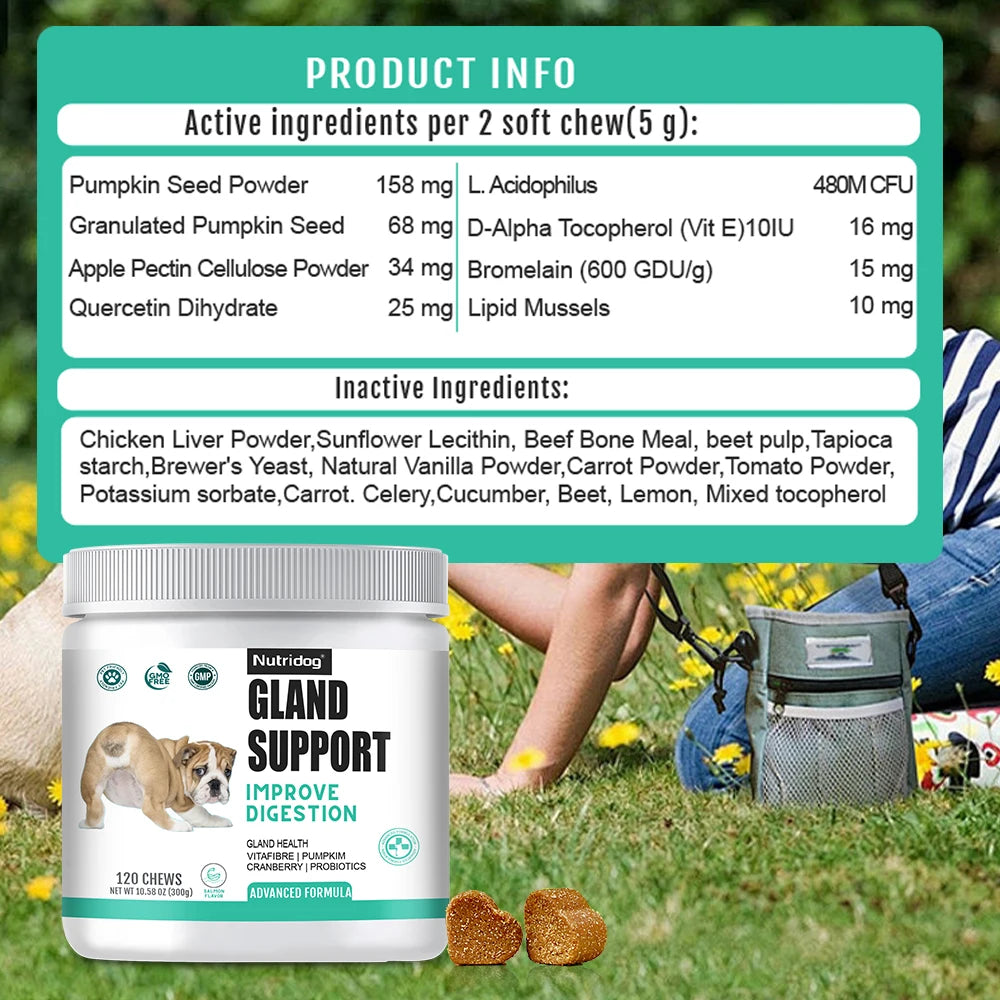 NUTRIDOG Dog Anal Gland Support  Pumpkin Seed Probiotics Digestive Enzymes Scoot Relief Digestive Health 120 PCS/Bottle Happy Tails Pet Shop Store