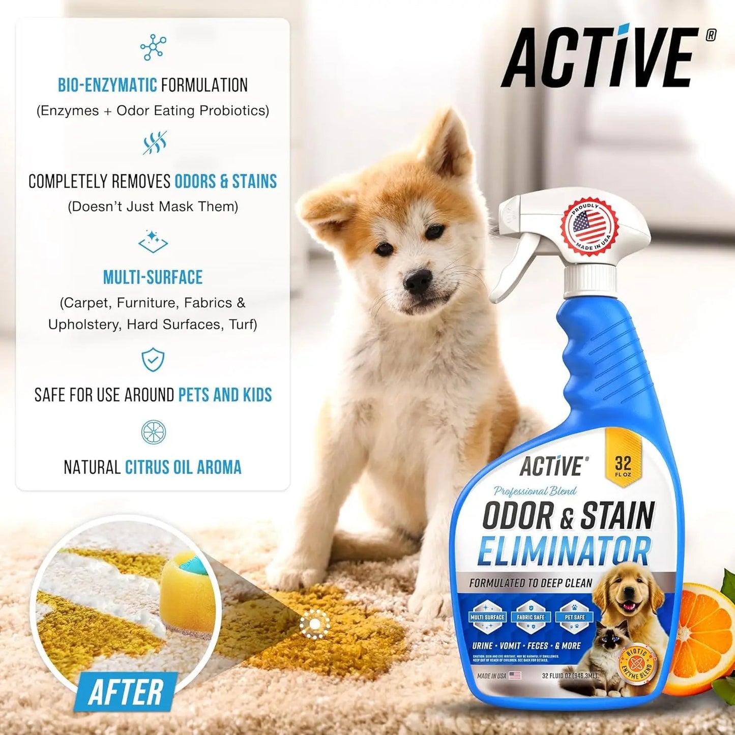 32 oz Enzyme Cleaner for Pet Urine & Stains, Natural Citrus Spray for Carpets, Upholstery, Hardwood - Odor Eliminator Happy Tails Pet Shop Store