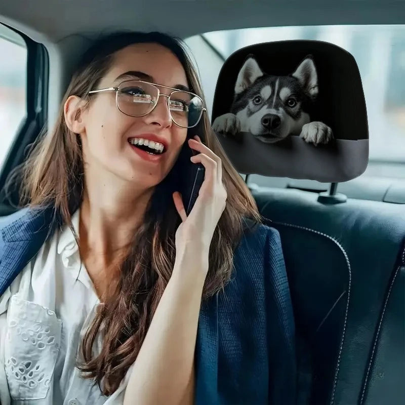 Husky Dog Print Car Headrest Cover 2pcs Cute Husky Pattern Easy Install Seat Protector