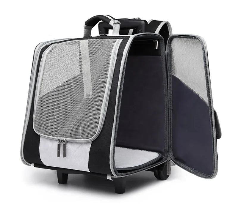 Mochila de Viagem para Cães com Rodas, Carrinho de Cachorro Impermeável, Mochila Transportadora de Animais de Estimação, Mochila de Viagem com Malha para Filhotes e Gatos