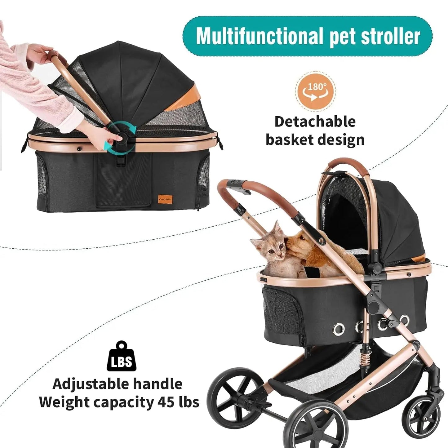 4-in-1 Folding Pet Stroller with Detachable Carrier, Reversible Canopy, All-Terrain Wheels for Small to Medium Dogs up to 45 lbs Happy Tails Pet Shop Store