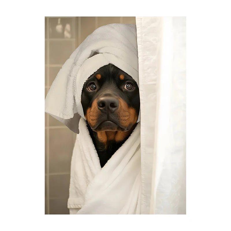 Cute Shower Dog Bathroom Decor Poster Dog in Bathtub Print Animal Murals Canvas Painting for Home Decor Dog Lover Gifts