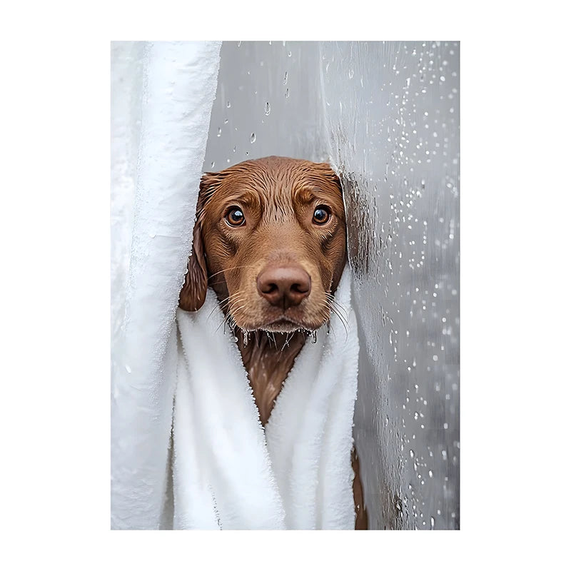 Cute Shower Dog Bathroom Decor Poster Dog in Bathtub Print Animal Murals Canvas Painting for Home Decor Dog Lover Gifts