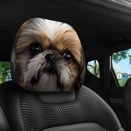 1-Piece Set Shih Tzu Dog Exquisite Print Car Headrest Covers Soft Polyester Machine Washable Easy Install