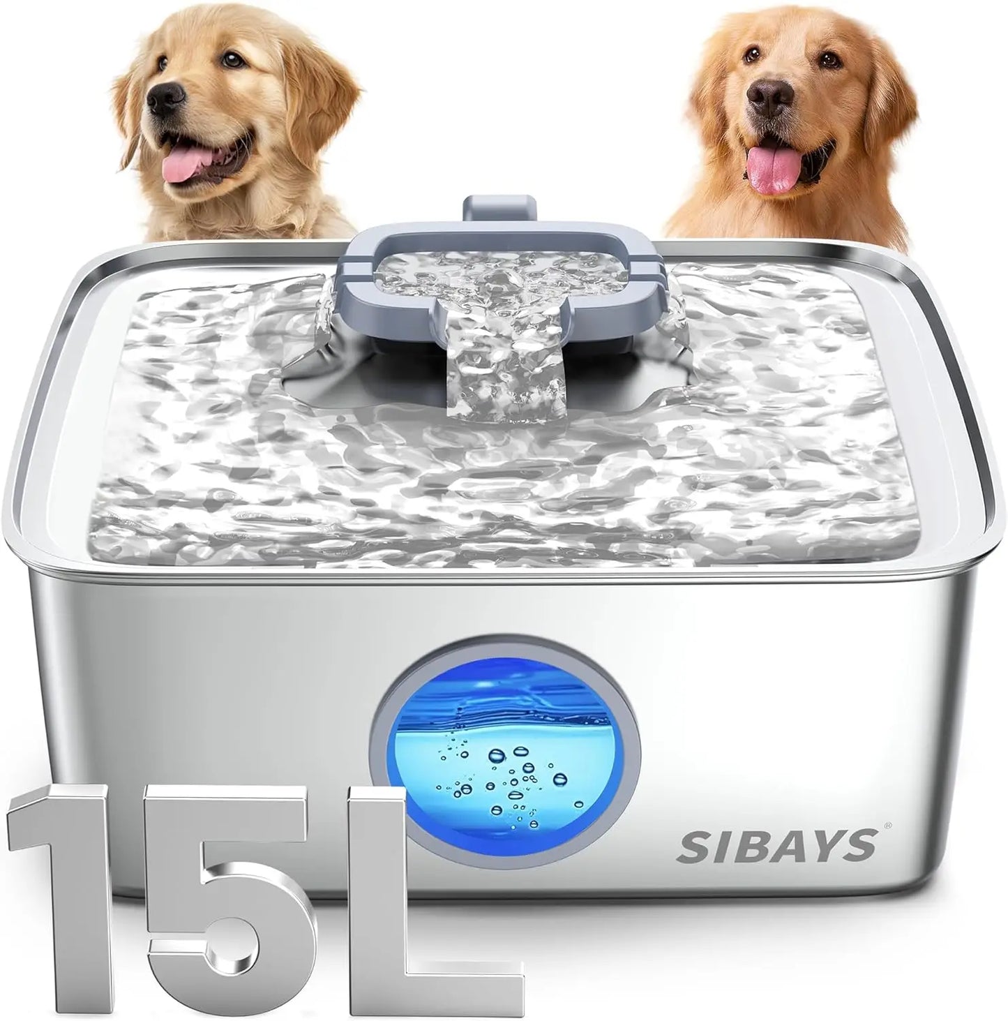 Fuente de agua grande para perros de acero inoxidable de 4 galones/15 litros con luz LED, dispensador automático silencioso para hogares con varias mascotas, fácil de limpiar