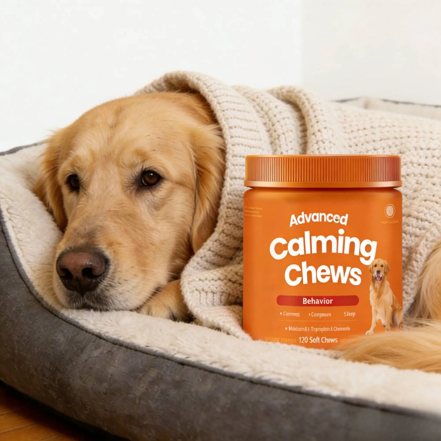 120 masticables calmantes para perros, golosinas naturales para aliviar la ansiedad con melatonina, L-triptófano y manzanilla, suplementos calmantes para perros