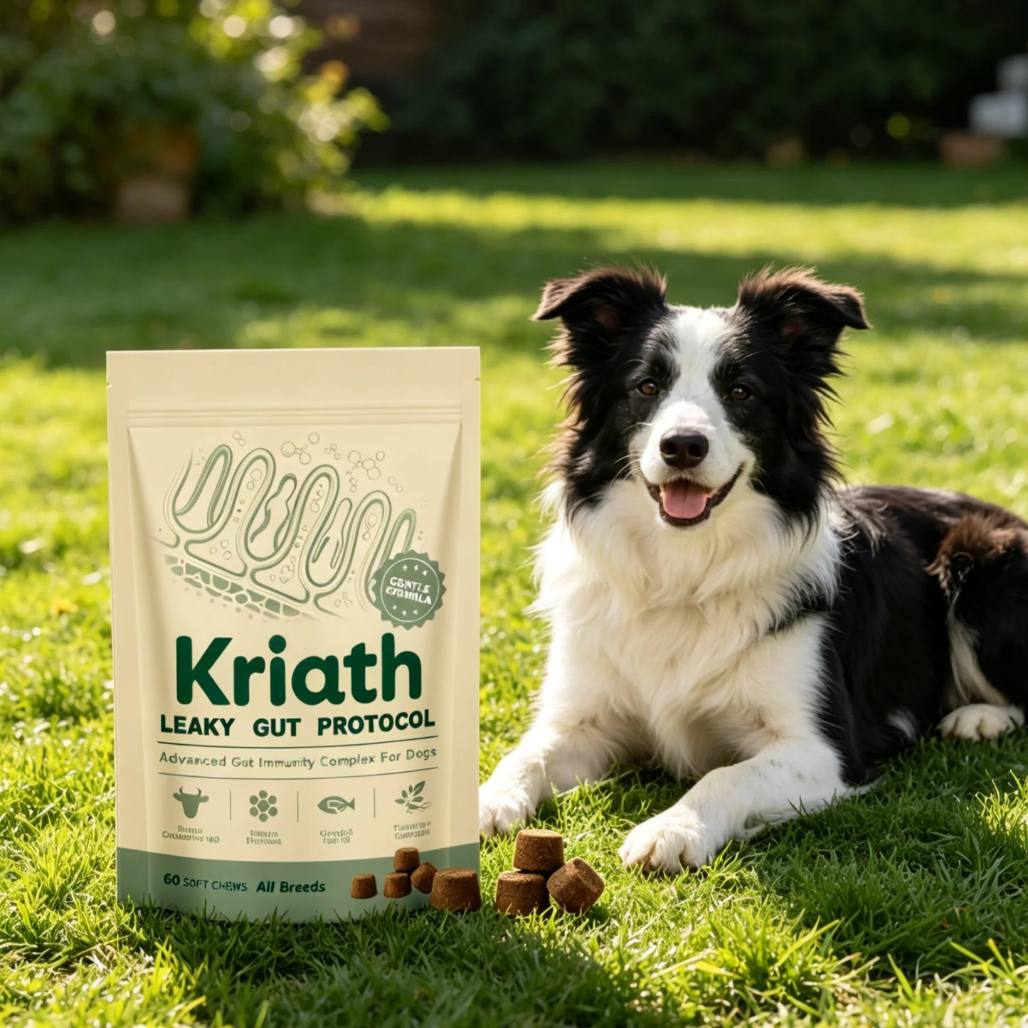 Suplemento Kriath Daily Gut Care Alivia o desconforto gastrointestinal Cabelos macios e sedosos Protege a saúde Probiótico em soft chew para cães