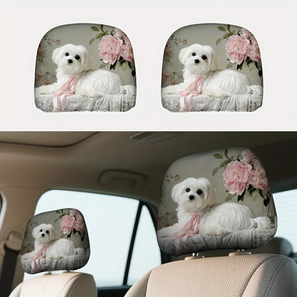 2pcs 2D Flat Printing Car Headrest Covers Classic Stylish Simple Maltese Dog Pink Bow Flowers for Adjustable and Reusable
