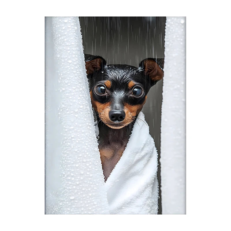 Cute Shower Dog Bathroom Decor Poster Dog in Bathtub Print Animal Murals Canvas Painting for Home Decor Dog Lover Gifts