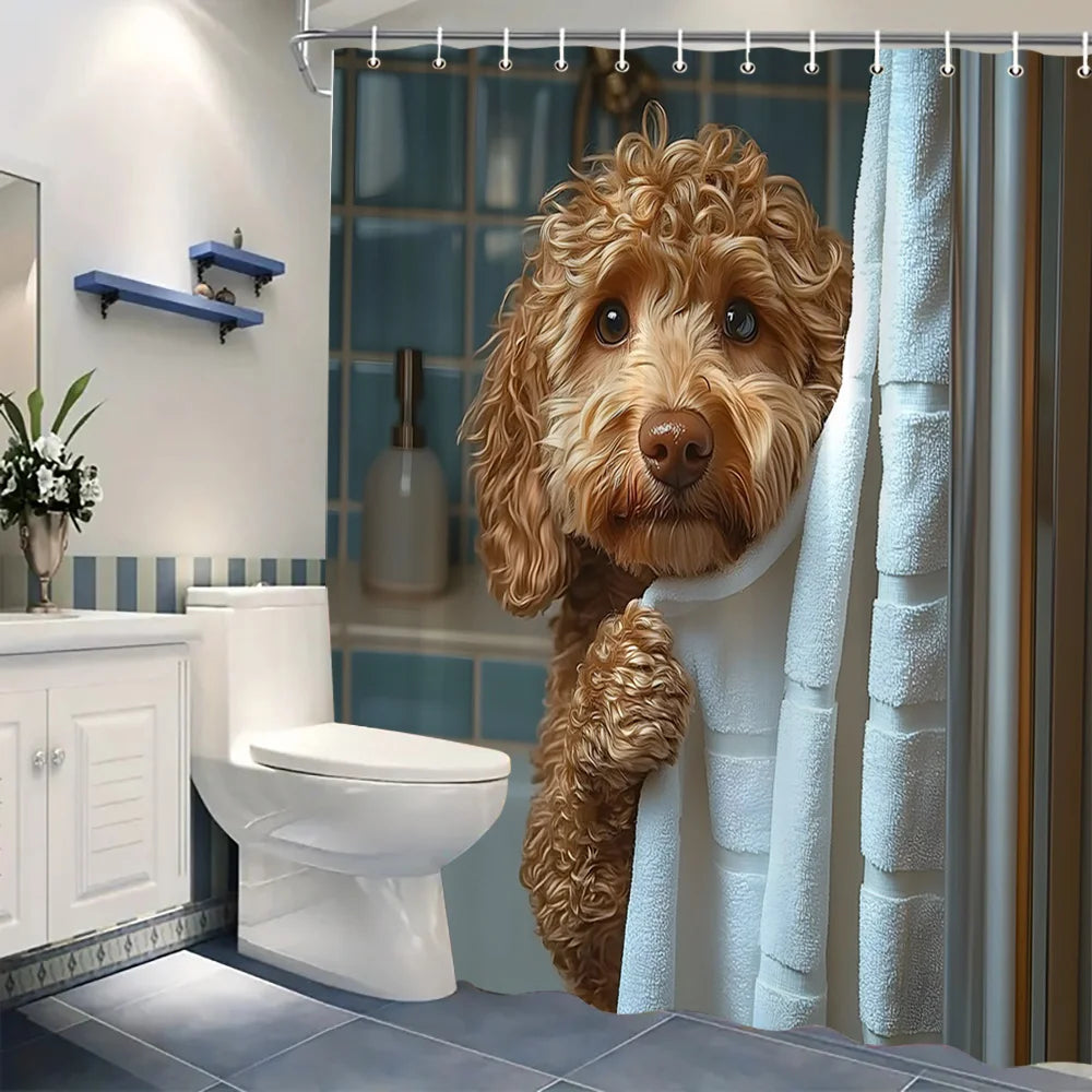 Adorable Poodle Puppy Art Shower Curtain - Creative Realistic Dog Design - Indoor Home Bathroom Decor Art Bath Curtain