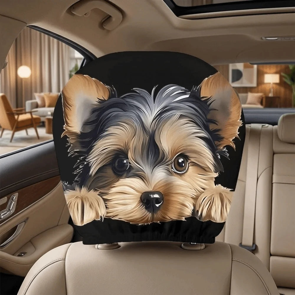 2PCS Cartoon Dog Pattern Car Head Pillowcase Soft Washable Car Headrest Covers Polyester Elastic Seat Headrest Protector