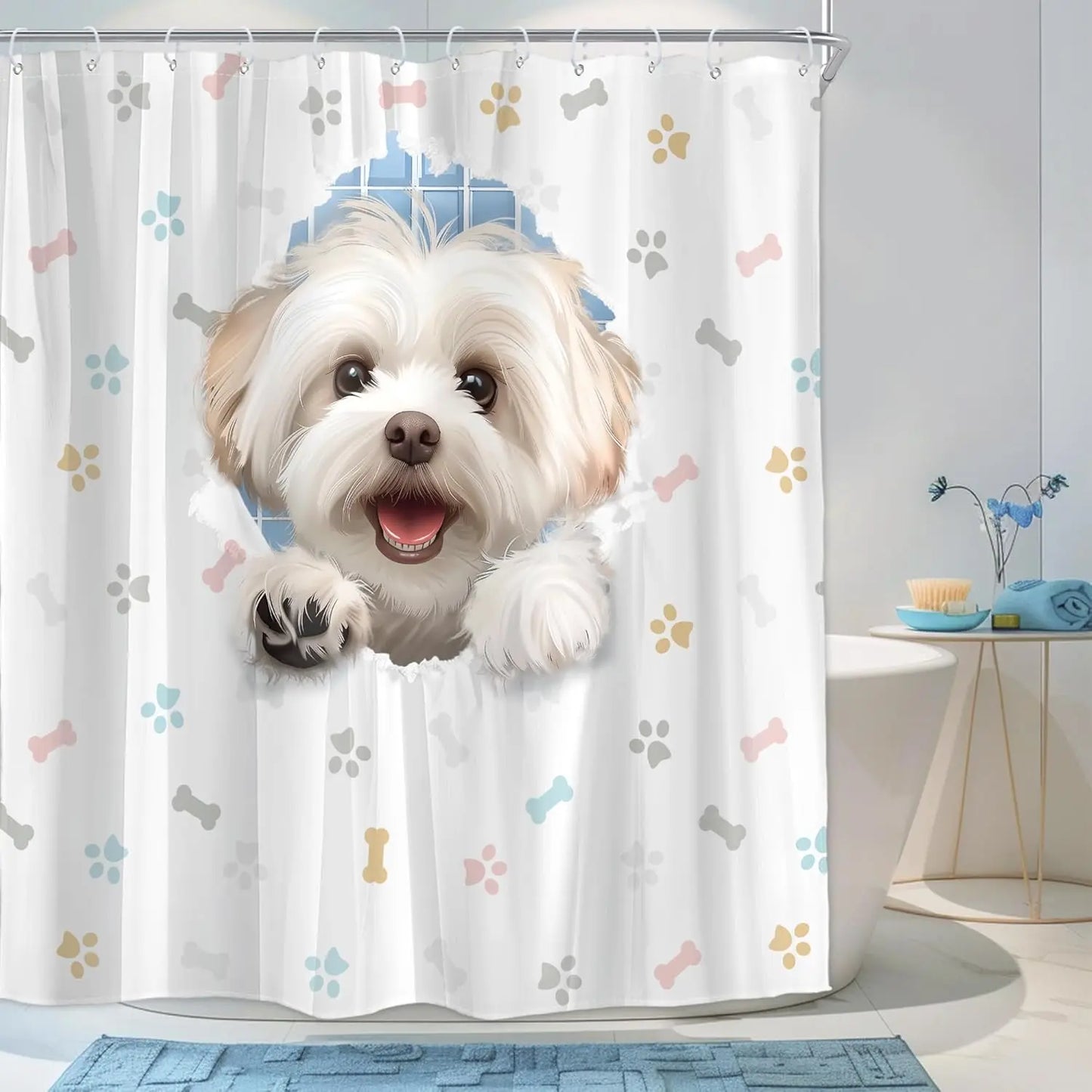 Peeking Puppy Shower Curtain Cute Dog with Bones Bathroom Decor Funny Animal Bath Curtain for Kids Room Decoration