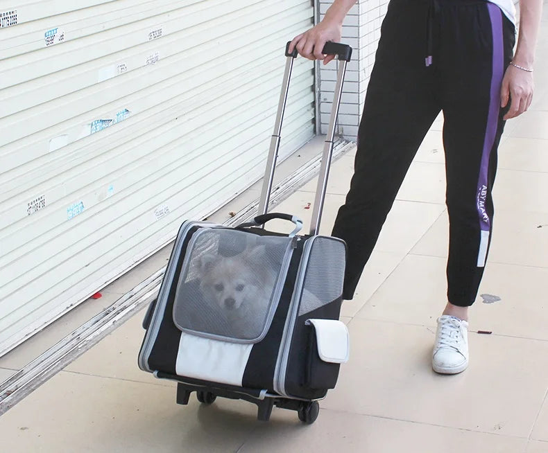 Mochila de Viagem para Cães com Rodas, Carrinho de Cachorro Impermeável, Mochila Transportadora de Animais de Estimação, Mochila de Viagem com Malha para Filhotes e Gatos