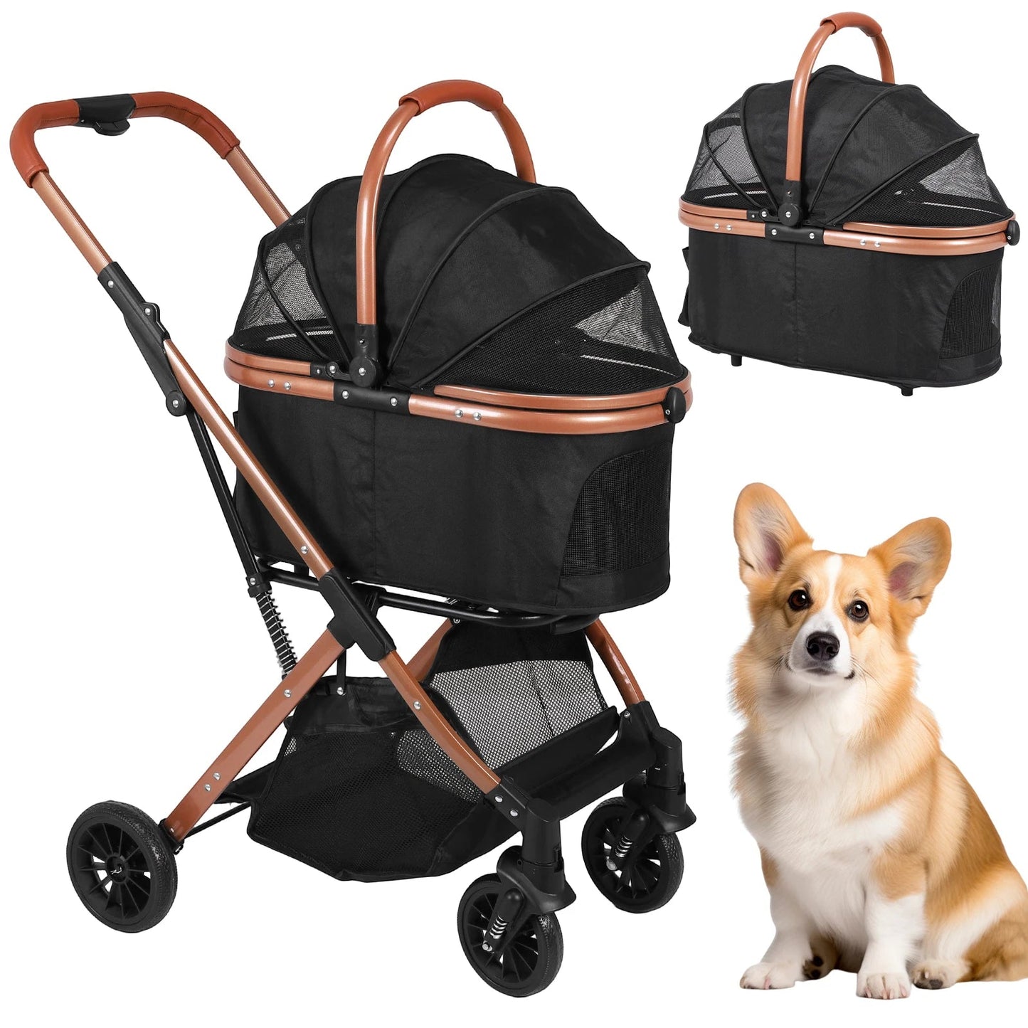 Folding Stroller with Detachable Carrier Foldable Travel Jogger Foldable & Ventilated with Sun Shades for Small Medium Dogs Cats Happy Tails Pet Shop Store