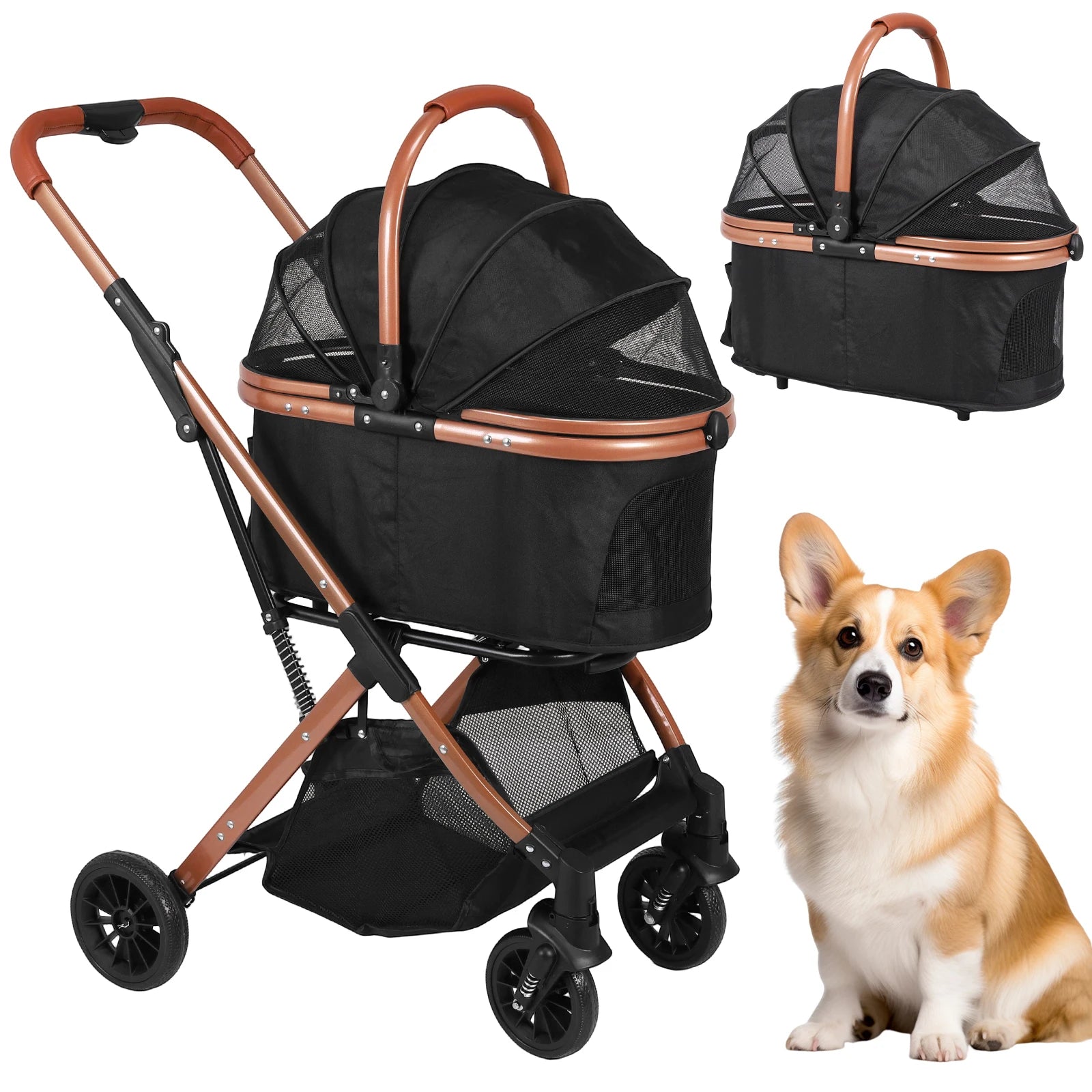 Folding Stroller with Detachable Carrier Foldable Travel Jogger Foldable & Ventilated with Sun Shades for Small Medium Dogs Cats Happy Tails Pet Shop Store
