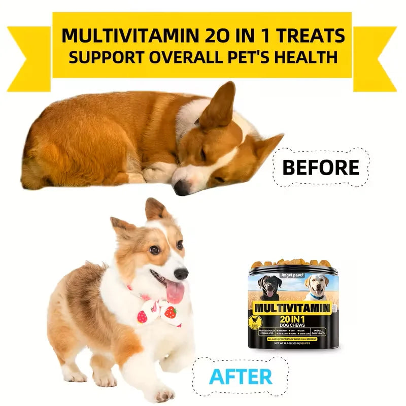 【20-in-1】Dog Multivitamin Chewable-Supplements for Hip & Joint Health, Skin & Coat-120 Chicken  Chews Happy Tails Pet Shop Store