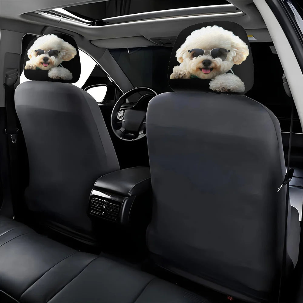 2pcs, Glasses Cute Pet Dog Print Car Headrest Covers, Interior Decoration, Elastic Design, No Filling Material, Easy Installatio