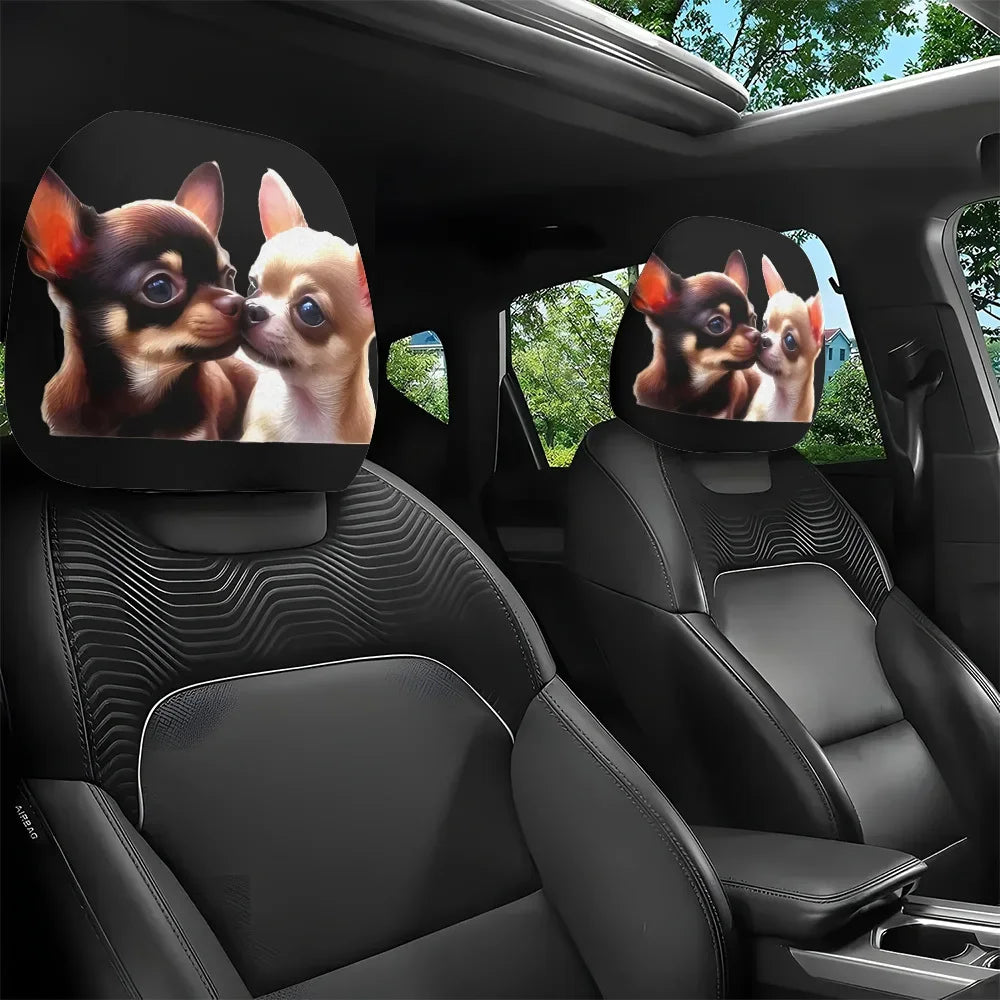 Universal Cute Chihuahua Printed Car Headrest Cover 2pcs Polyester Washable Easy Install All Season Dog Pattern Auto Interior