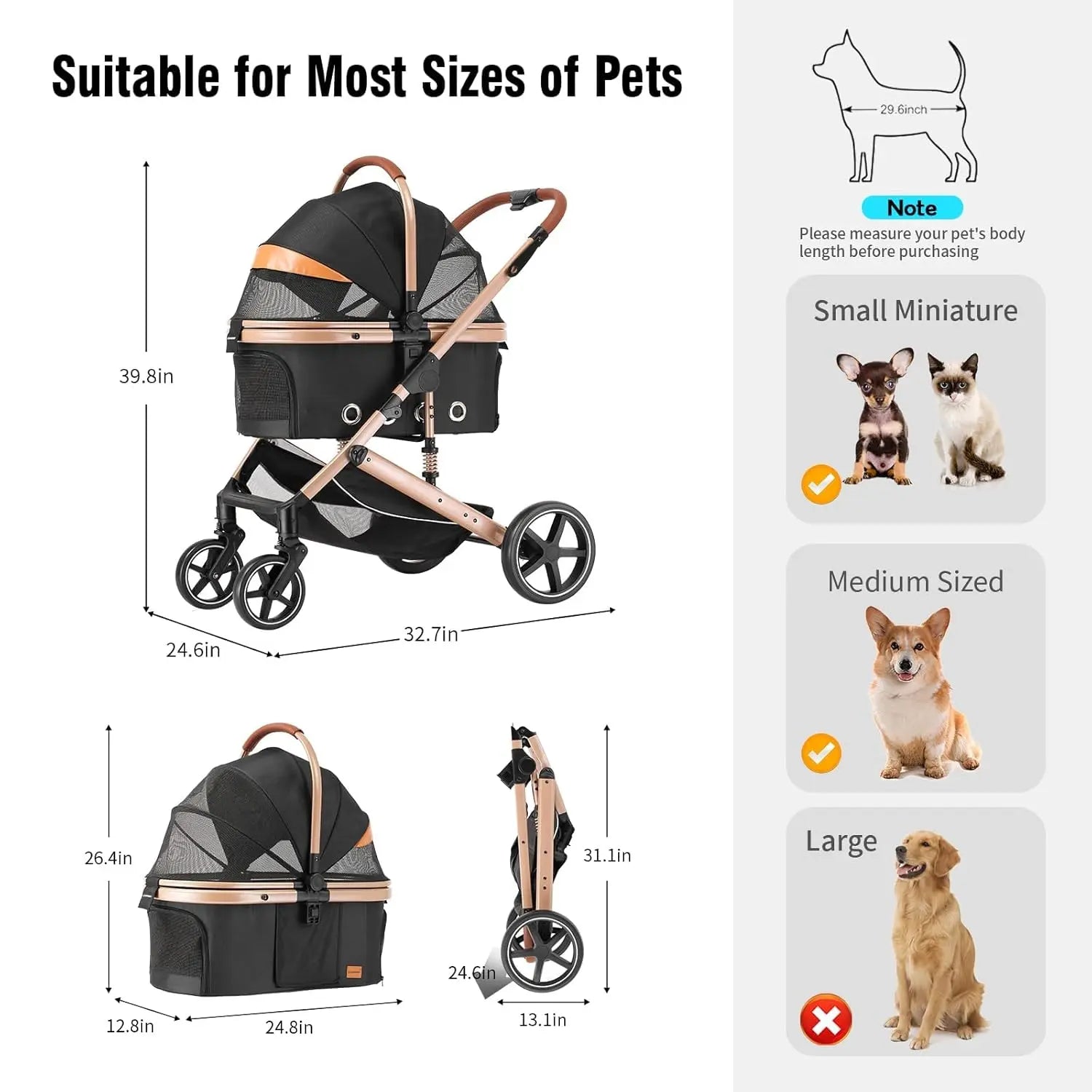 4-in-1 Folding Pet Stroller with Detachable Carrier, Reversible Canopy, All-Terrain Wheels for Small to Medium Dogs up to 45 lbs Happy Tails Pet Shop Store