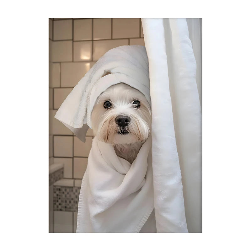Cute Shower Dog Bathroom Decor Poster Dog in Bathtub Print Animal Murals Canvas Painting for Home Decor Dog Lover Gifts