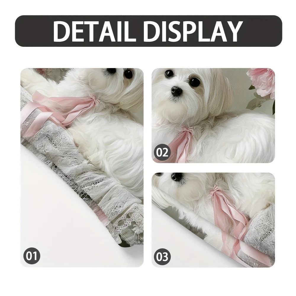2pcs 2D Flat Printing Car Headrest Covers Classic Stylish Simple Maltese Dog Pink Bow Flowers for Adjustable and Reusable