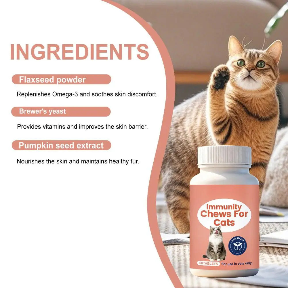 60 Comprimidos Mastigáveis Suplementos para Imunidade de Gatos para Saúde da Pele Fortalecimento do Sistema Imunológico Suplementos Nutricionais para Animais de Estimação Adultos