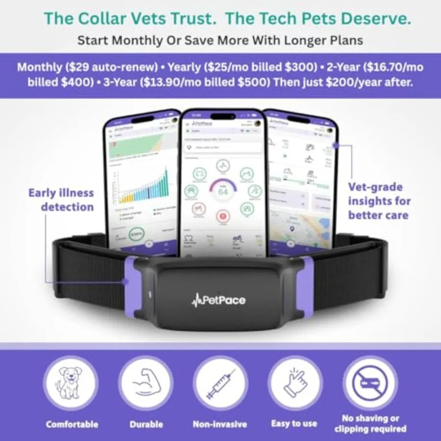 Collier de santé intelligent pour chiens avec surveillance continue des signes vitaux, alertes de douleur et de crises d'épilepsie, suivi GPS, téléconsultations et application de partage avec le vétérinaire. 