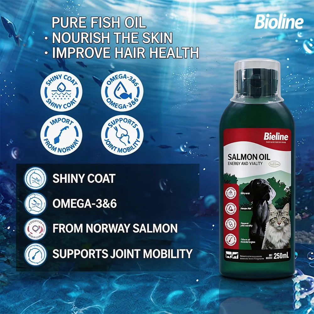 Bioline 250ml SALMON OIL Fish Oil for Dogs & Cats Omega 3 Fatty Acids EPA & DHA for Pets Sensitive Skin Coat Health 8.45 oz