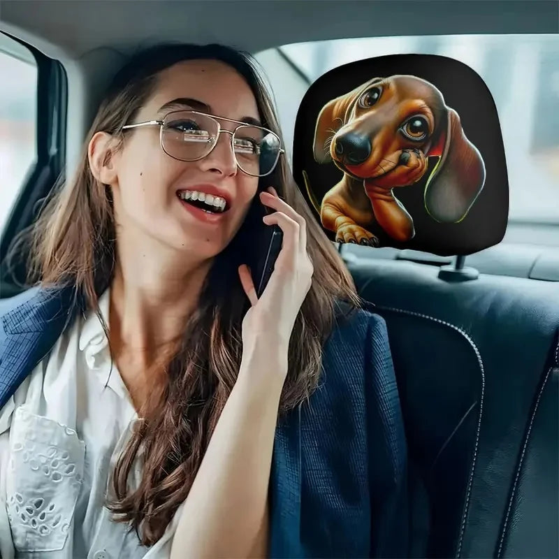 2PCS Cute Dachshund Dog Car Headrest Covers, Stain & Oil Resistant Elastic Protector, Comfortable Universal Fit for All Cars