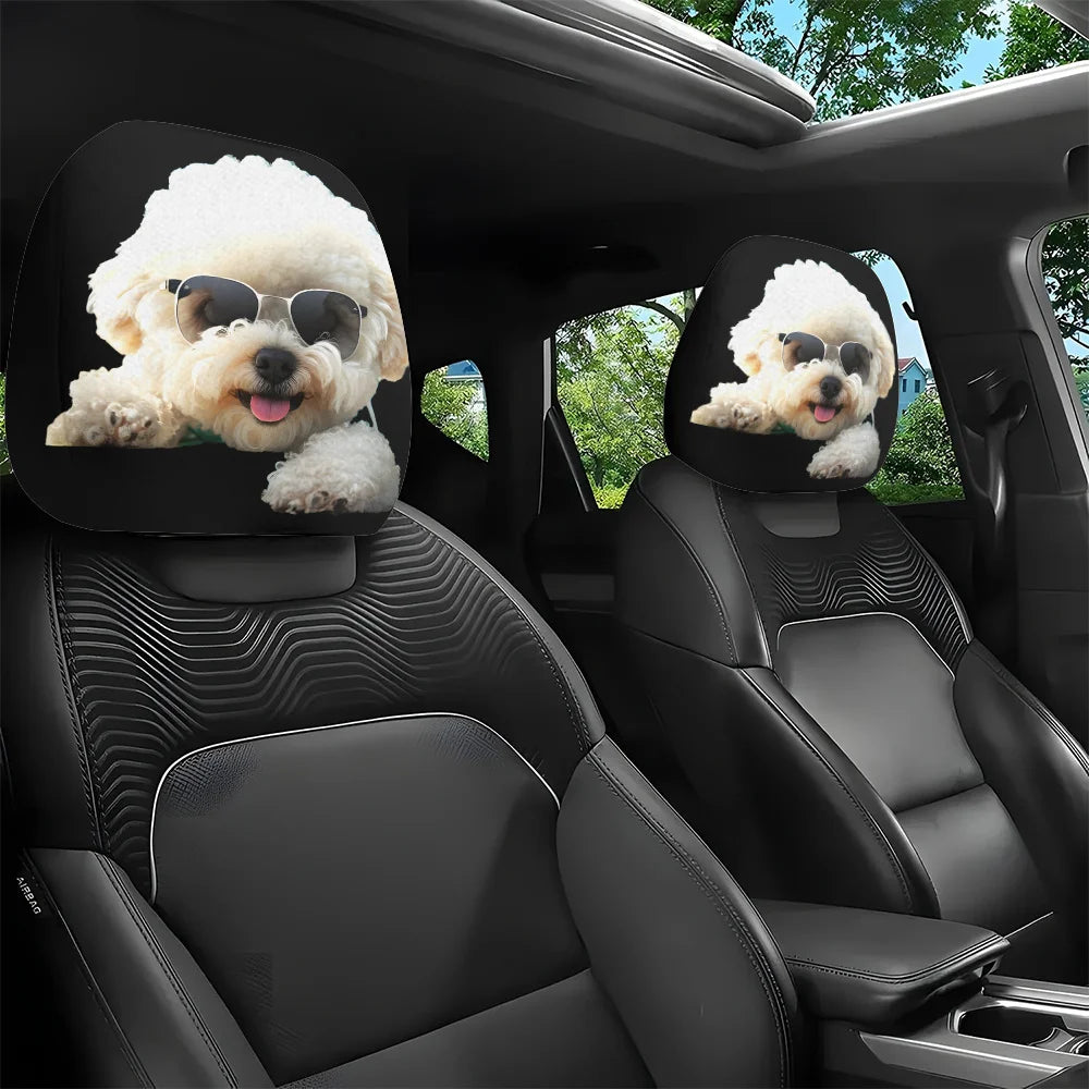 2pcs, Glasses Cute Pet Dog Print Car Headrest Covers, Interior Decoration, Elastic Design, No Filling Material, Easy Installatio