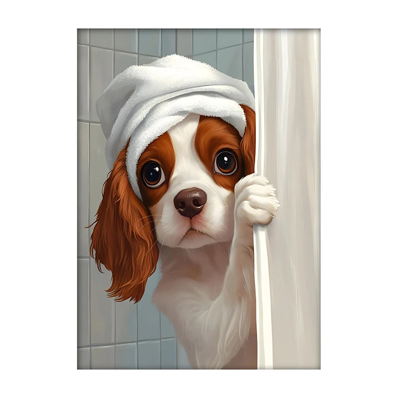 Cute Shower Dog Bathroom Decor Poster Dog in Bathtub Print Animal Murals Canvas Painting for Home Decor Dog Lover Gifts