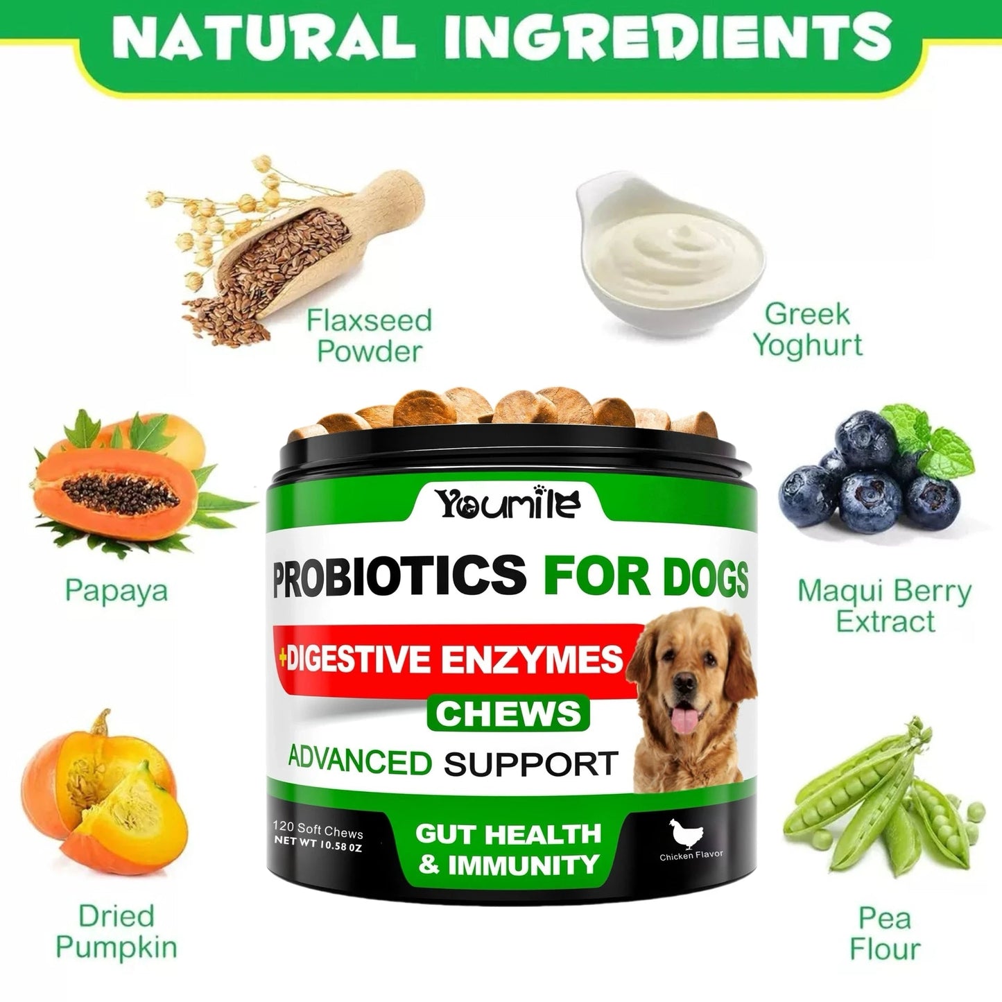 【120 Chews】Probiotics for Dogs-  - Relieve stomach sensitivity and dog gut health probiotics - Digestive Remedies Happy Tails Pet Shop Store
