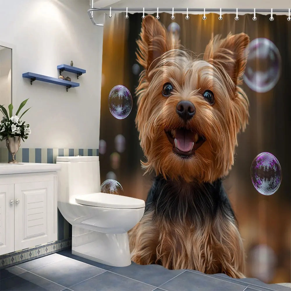 Yorkshire Terrier Puppy Shower Curtain, Cute Dog with Bubbles, Realistic Pet Print, Funny Animal Bathroom Decor, Waterproof