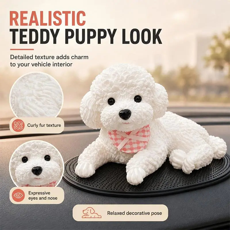 Soft Squeezable Silicone Teddy Dog Dashboard Ornament Lying Puppy Figurine With Anti‑slip Mat Solid Model Car Home Desktop Decor Happy Tails Pet Shop