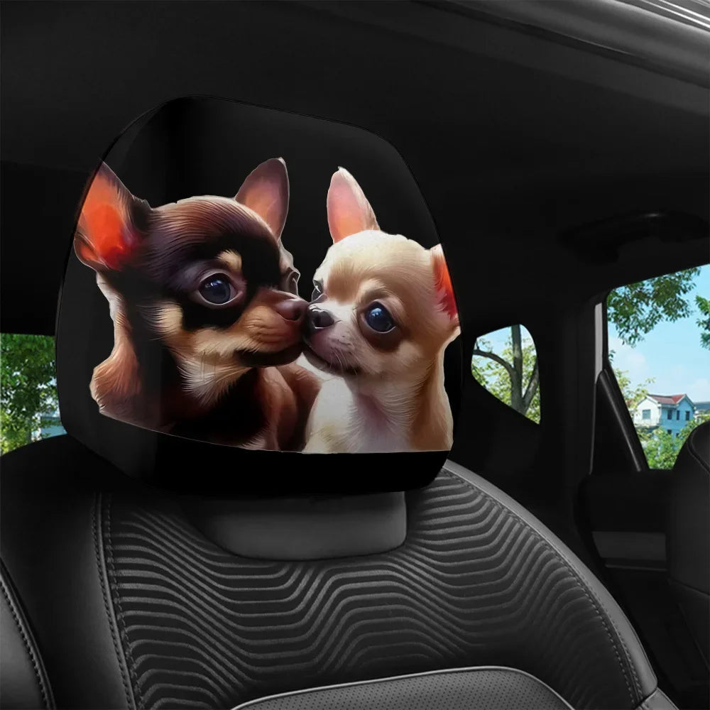 Universal Cute Chihuahua Printed Car Headrest Cover 2pcs Polyester Washable Easy Install All Season Dog Pattern Auto Interior