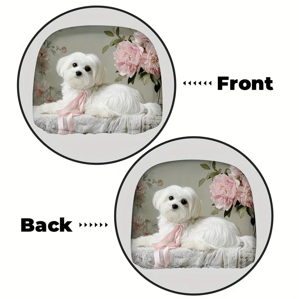 2pcs 2D Flat Printing Car Headrest Covers Classic Stylish Simple Maltese Dog Pink Bow Flowers for Adjustable and Reusable