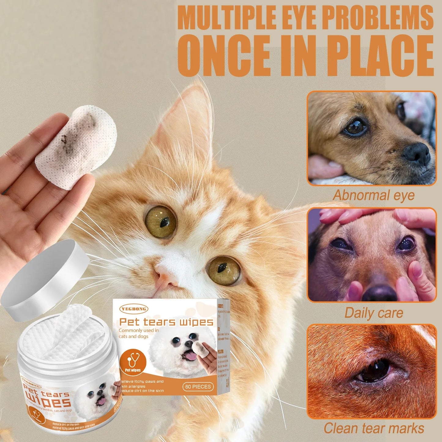 Cat Eye Wet Wipes Tear Stain Gentle Cleaning Eye Dirt Odor Removal Itching Irritation Relief Eye Grooming Pet Portable Wet Towel Happy Tails Pet Shop Store