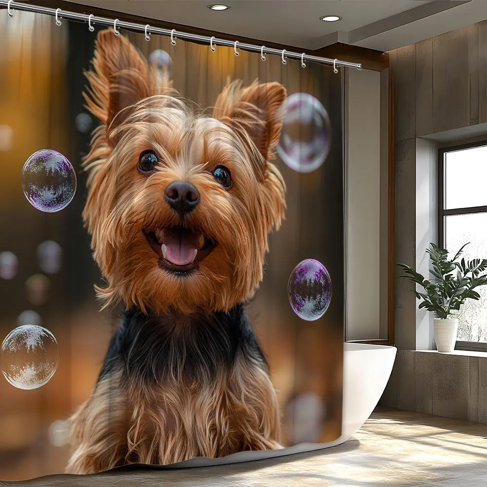 Yorkshire Terrier Puppy Shower Curtain, Cute Dog with Bubbles, Realistic Pet Print, Funny Animal Bathroom Decor, Waterproof