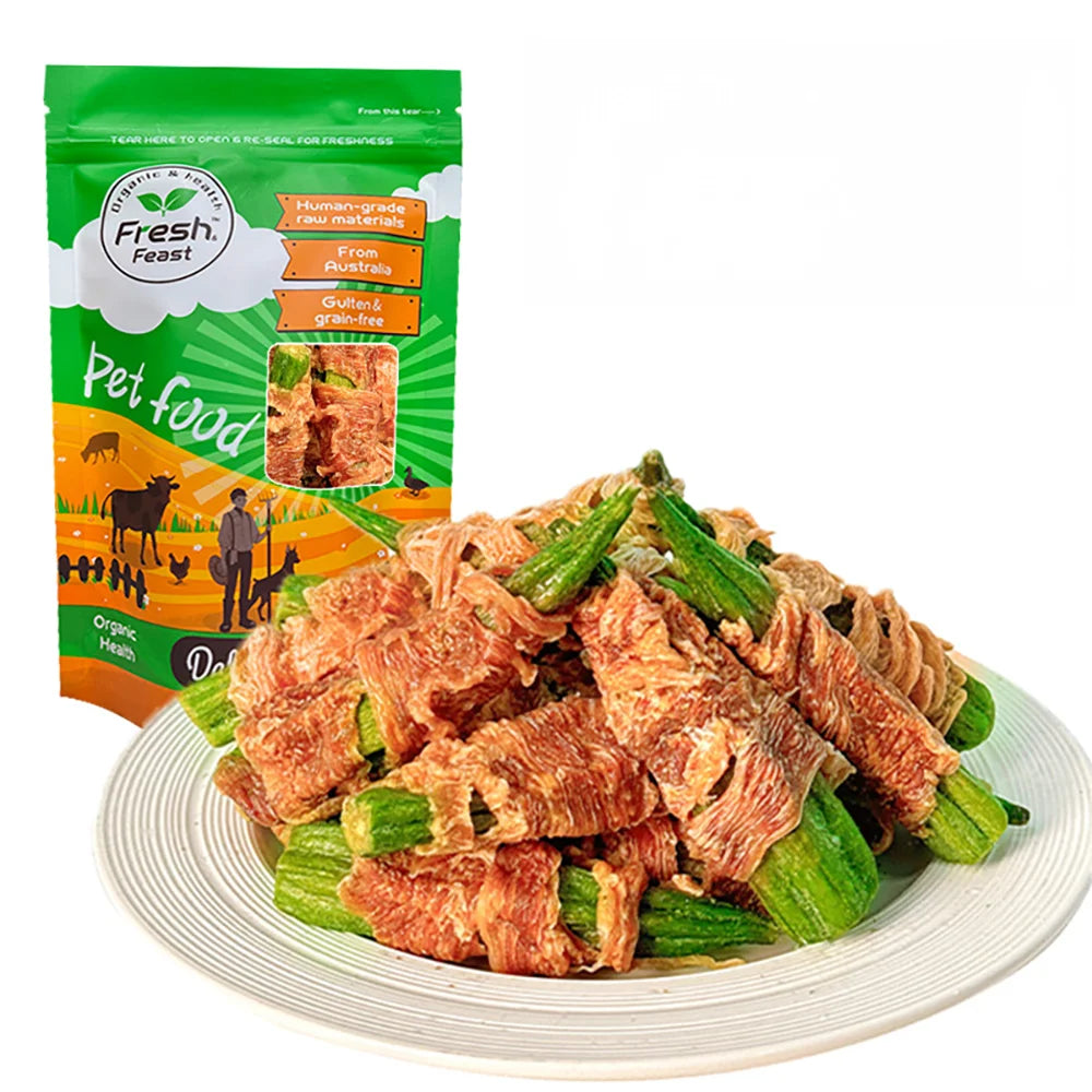 7.05oz/14.11oz (200g/400g) Okra Envuelto en Pato, Ingredientes Totalmente Naturales, Premios Naturales para Perros, Saludable, Fácil de Digerir