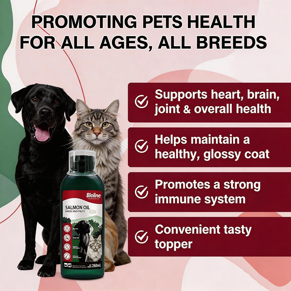 Bioline 250ml SALMON OIL Fish Oil for Dogs & Cats Omega 3 Fatty Acids EPA & DHA for Pets Sensitive Skin Coat Health 8.45 oz