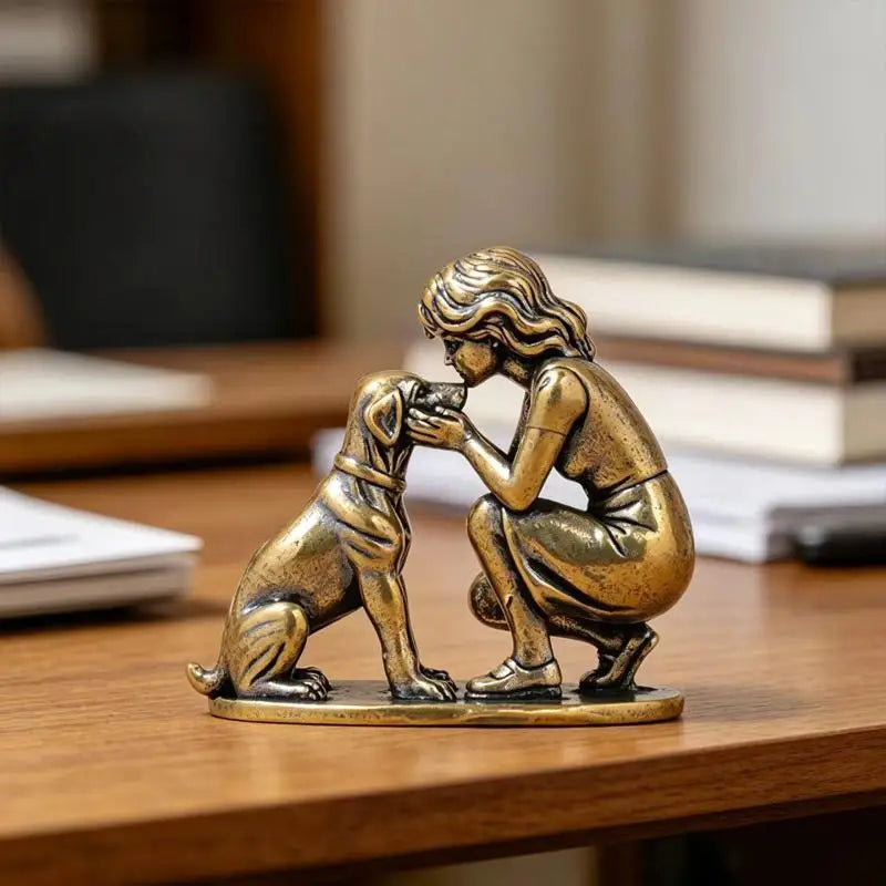 Brass Girl and Dog Statue Small Creative Retro Ornament Solid Brass Decor for Home Office Desk Shelf Display Happy Tails Pet Shop