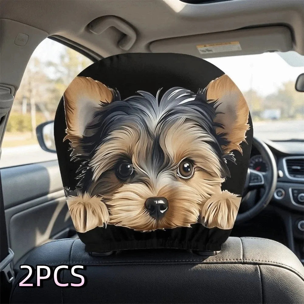 2PCS Cartoon Dog Pattern Car Head Pillowcase Soft Washable Car Headrest Covers Polyester Elastic Seat Headrest Protector