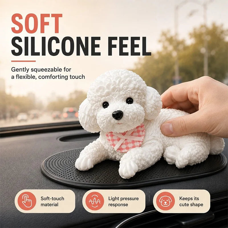 Soft Squeezable Silicone Teddy Dog Dashboard Ornament Lying Puppy Figurine With Anti‑slip Mat Solid Model Car Home Desktop Decor Happy Tails Pet Shop