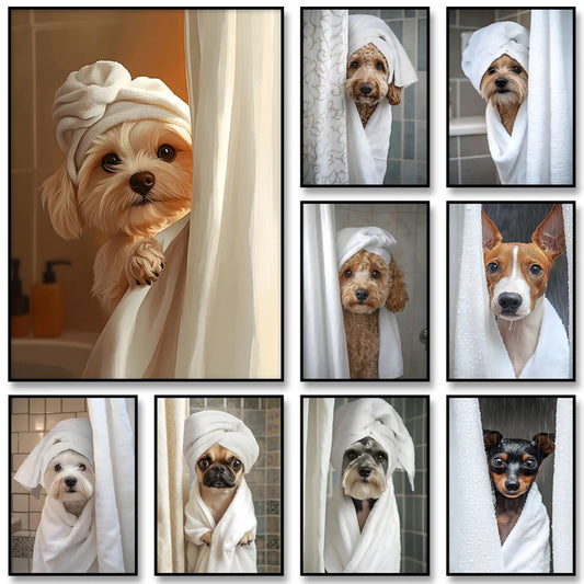 Cute Shower Dog Bathroom Decor Poster Dog in Bathtub Print Animal Murals Canvas Painting for Home Decor Dog Lover Gifts