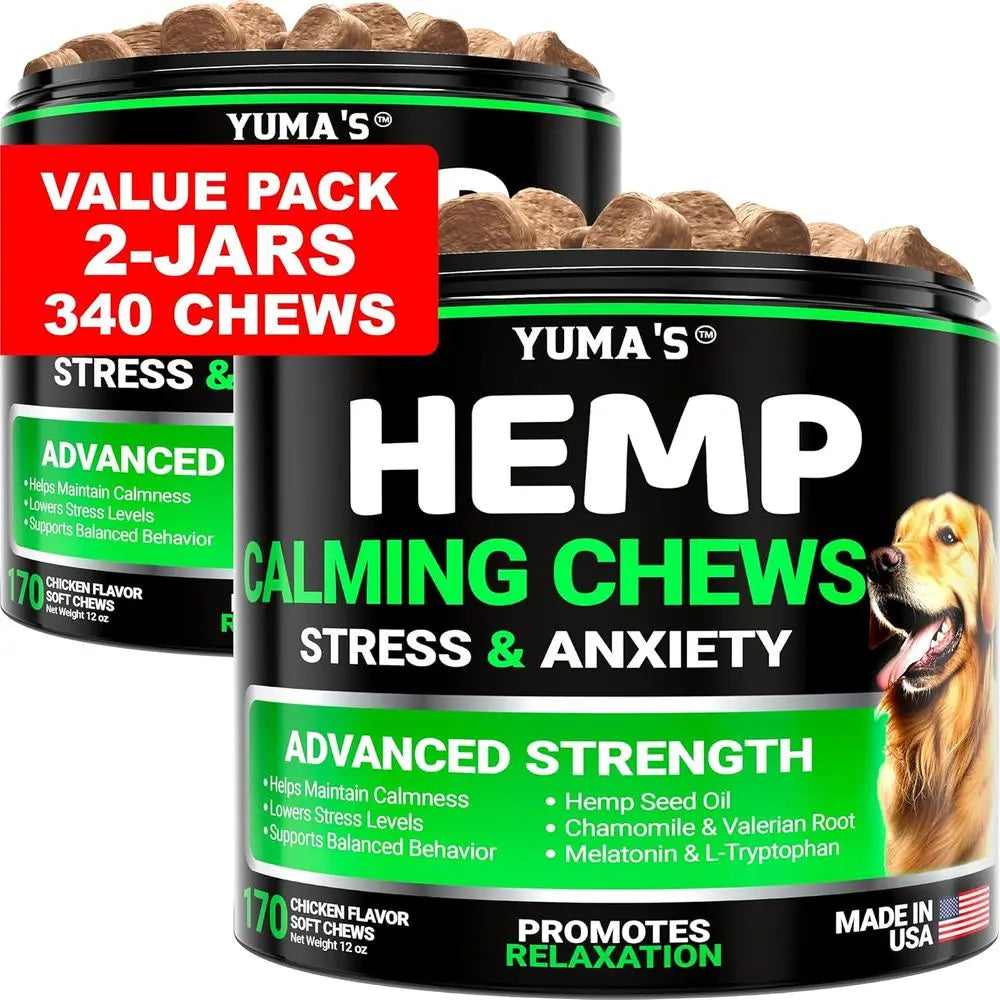 Golosinas masticables calmantes de cáñamo YUMA'S (2 unidades) para perros - Masticables calmantes para perros - Golosinas para aliviar la ansiedad - Ayuda para la separación, ladridos, estrés
