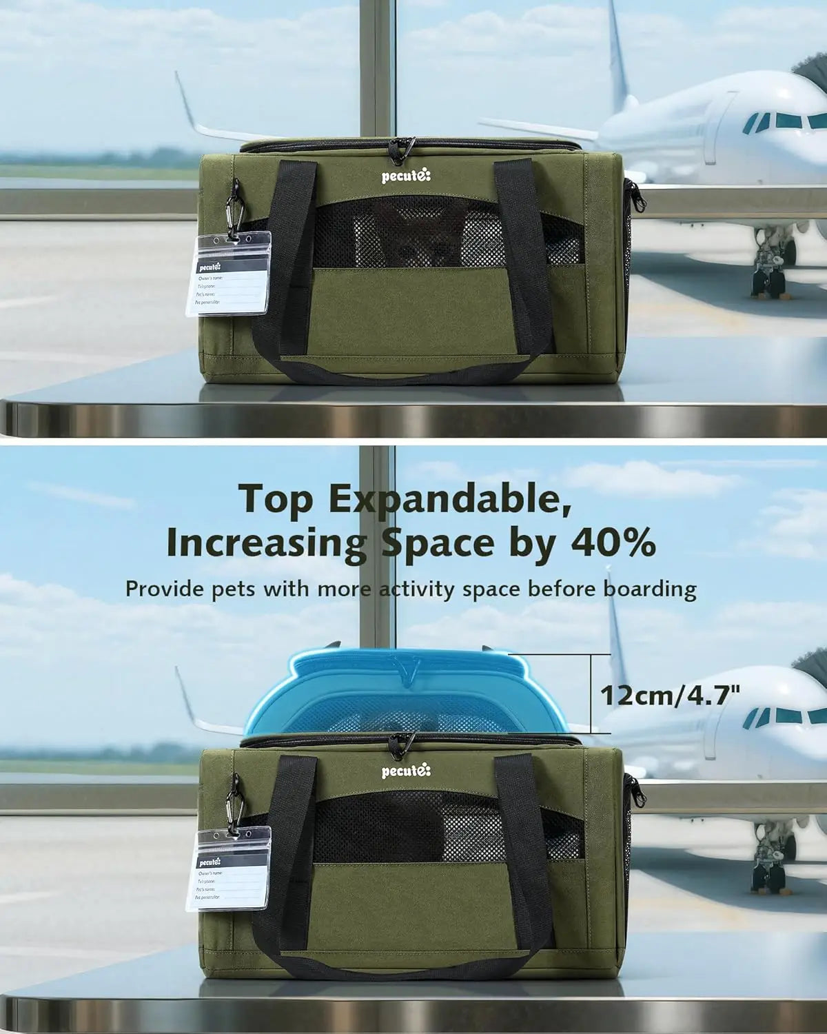 Expandable Airline-Approved Pet Carrier for Small Dogs and Cats, Breathable Soft-Sided with Locking Zippers, Leakproof Pee Pad