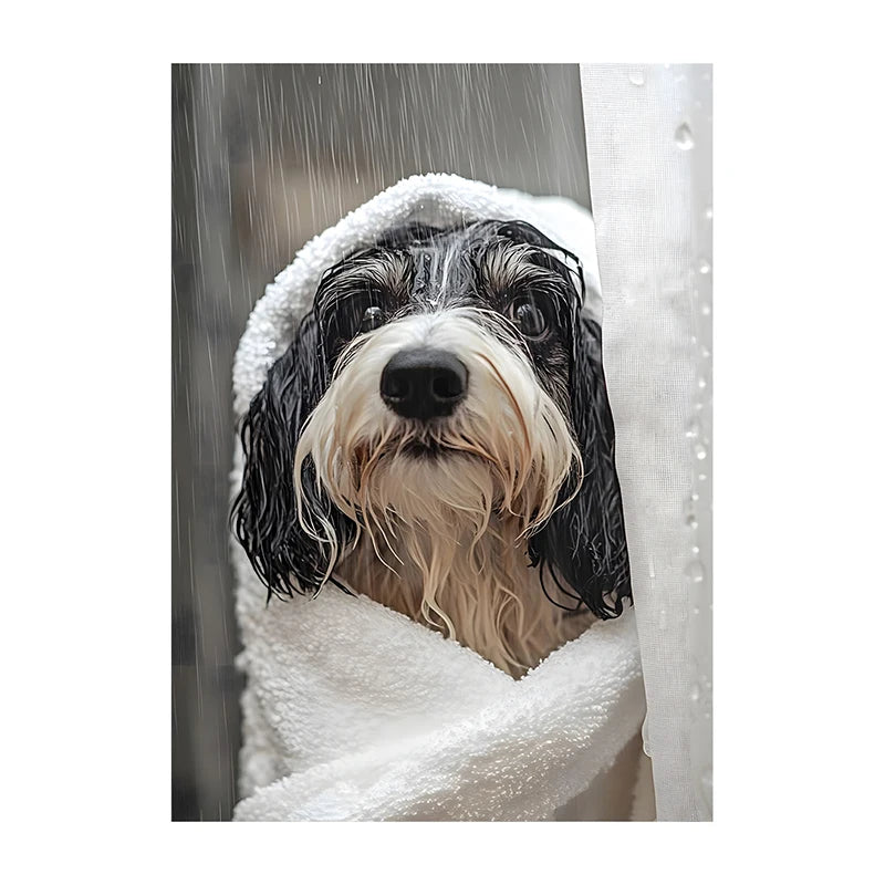 Cute Shower Dog Bathroom Decor Poster Dog in Bathtub Print Animal Murals Canvas Painting for Home Decor Dog Lover Gifts
