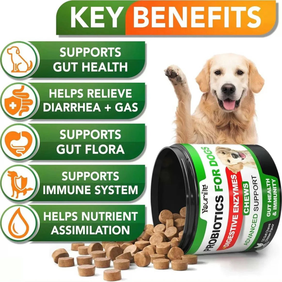 【120 Chews】Probiotics for Dogs-  - Relieve stomach sensitivity and dog gut health probiotics - Digestive Remedies Happy Tails Pet Shop Store