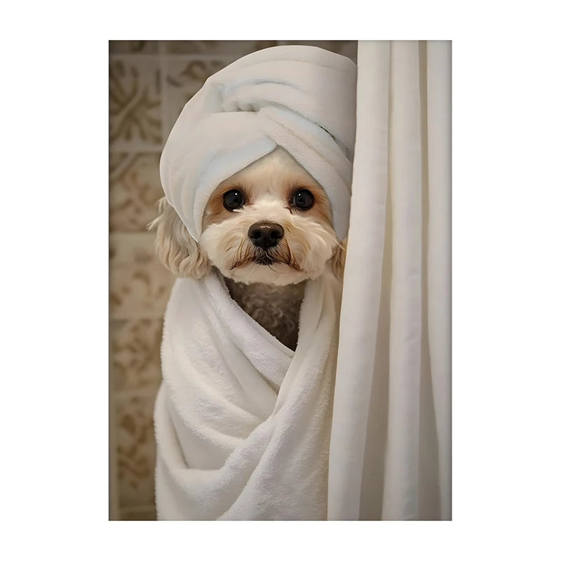 Cute Shower Dog Bathroom Decor Poster Dog in Bathtub Print Animal Murals Canvas Painting for Home Decor Dog Lover Gifts