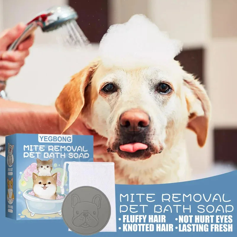 Anti Mite Pet Soap Bar for Dogs Cats, Deodorizing Itch Relief Bath Soap, Flea Odor Control Cleansing, Smooth Coat Grooming